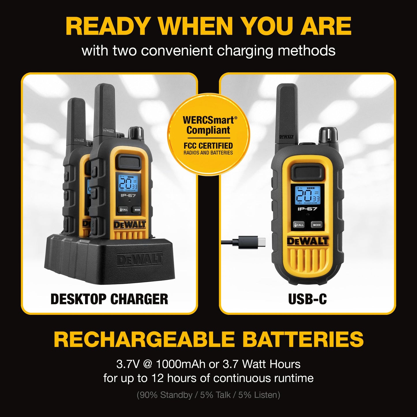 DEWALT DXFRS800 FRS Walkie Talkies Long Range 2 Way Radio, 2 Watt, Waterproof & Rechargeable, 2 Pack