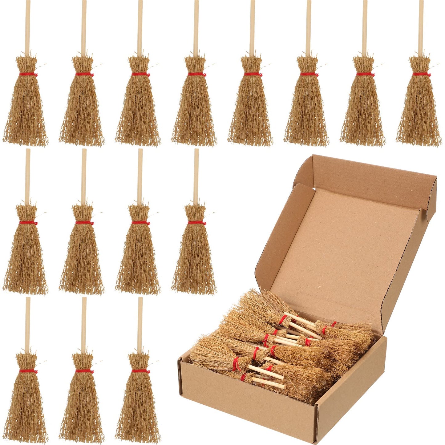 Cindeer 50 Pcs Miniature Halloween Mini Straw Brooms Artificial Halloween Straw Craft Decoration Small Dollhouse Witch Broomstick with Red Ropes Wizard Witches Accessory for Costume Cosplay Party