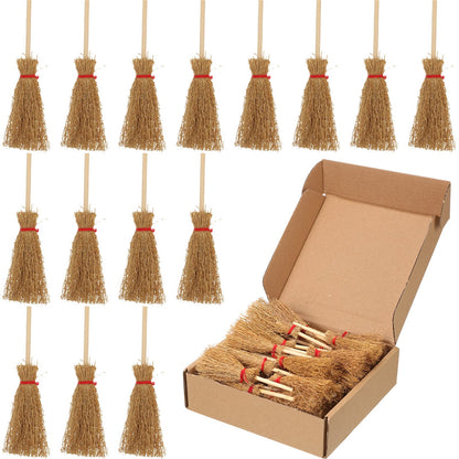 Cindeer 50 Pcs Miniature Halloween Mini Straw Brooms Artificial Halloween Straw Craft Decoration Small Dollhouse Witch Broomstick with Red Ropes Wizard Witches Accessory for Costume Cosplay Party