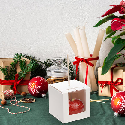 Frcctre 50 Pack White Kraft Candy Apple Boxes with Holes and Sticks, 4" x 4" x 4" Caramel Apple Box Gift Boxes Favor Boxes with Clear Window for Wedding Christmas Baby Shower Party Accessories