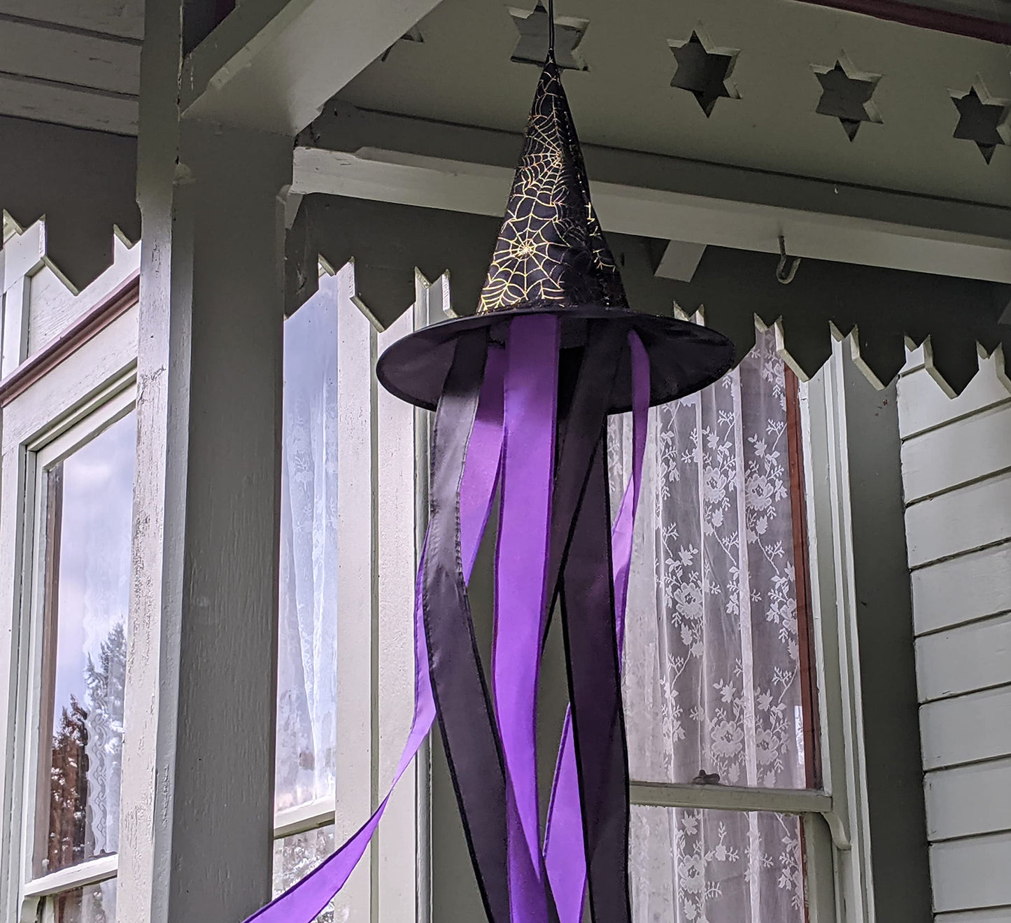 Madrona Brands Halloween Spider Web Witch Hat Windsock | Durable Outdoor Hanging Wind Decoration | Yard, Patio, Lawn | 48 Inch