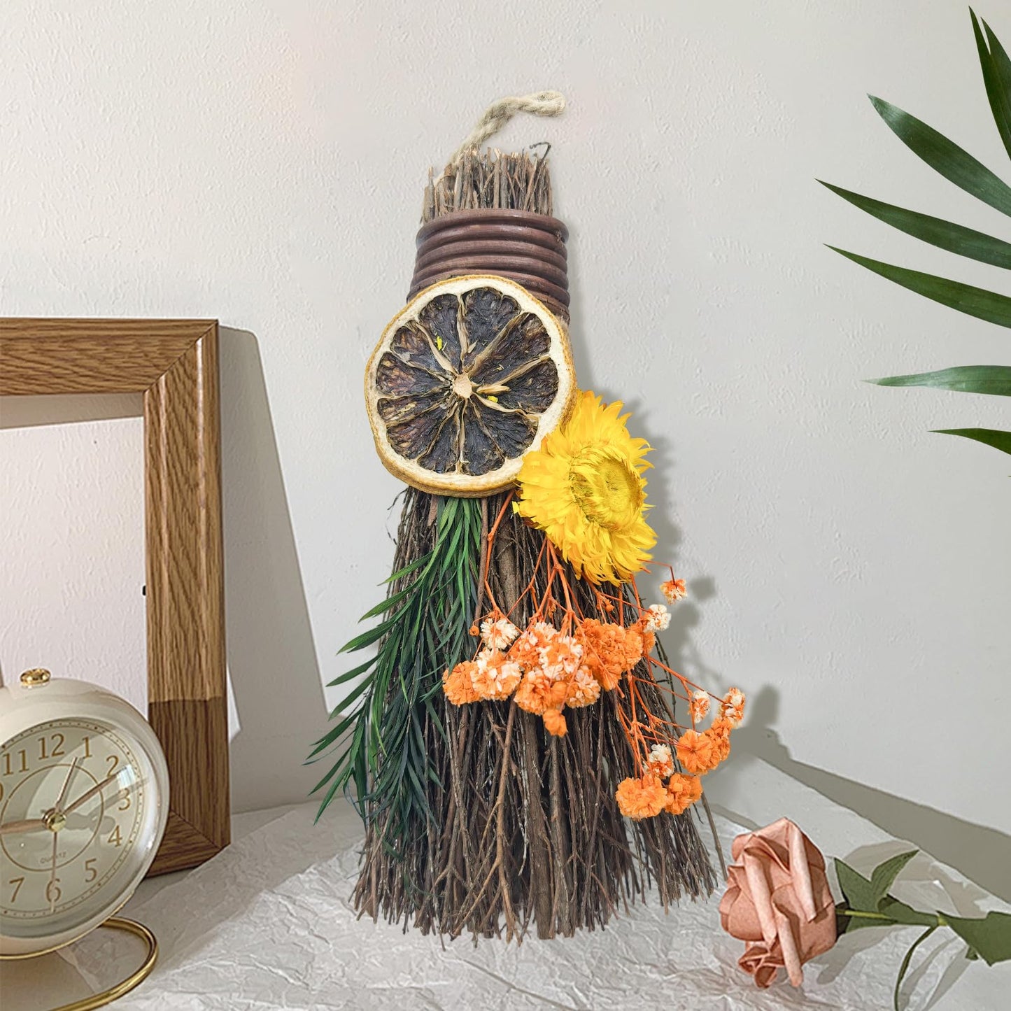 Teeloray Cinnamon Broom 7.5 Inch Mini Spring Floral Cinnamon Broomstick Scented Natural Herbal Protection Handmade Witch Broom for Altar Spring Flower Home Wall Porch Decoration