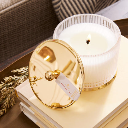 Thymes Frasier Fir Candle - Gilded Collection - Frosted Wood Grain Design with Gold Lid & Base - Pine Scented Candles for Women & Men - Luxury Home Fragrance - Elegant Christmas Decor (Medium, 9 oz)