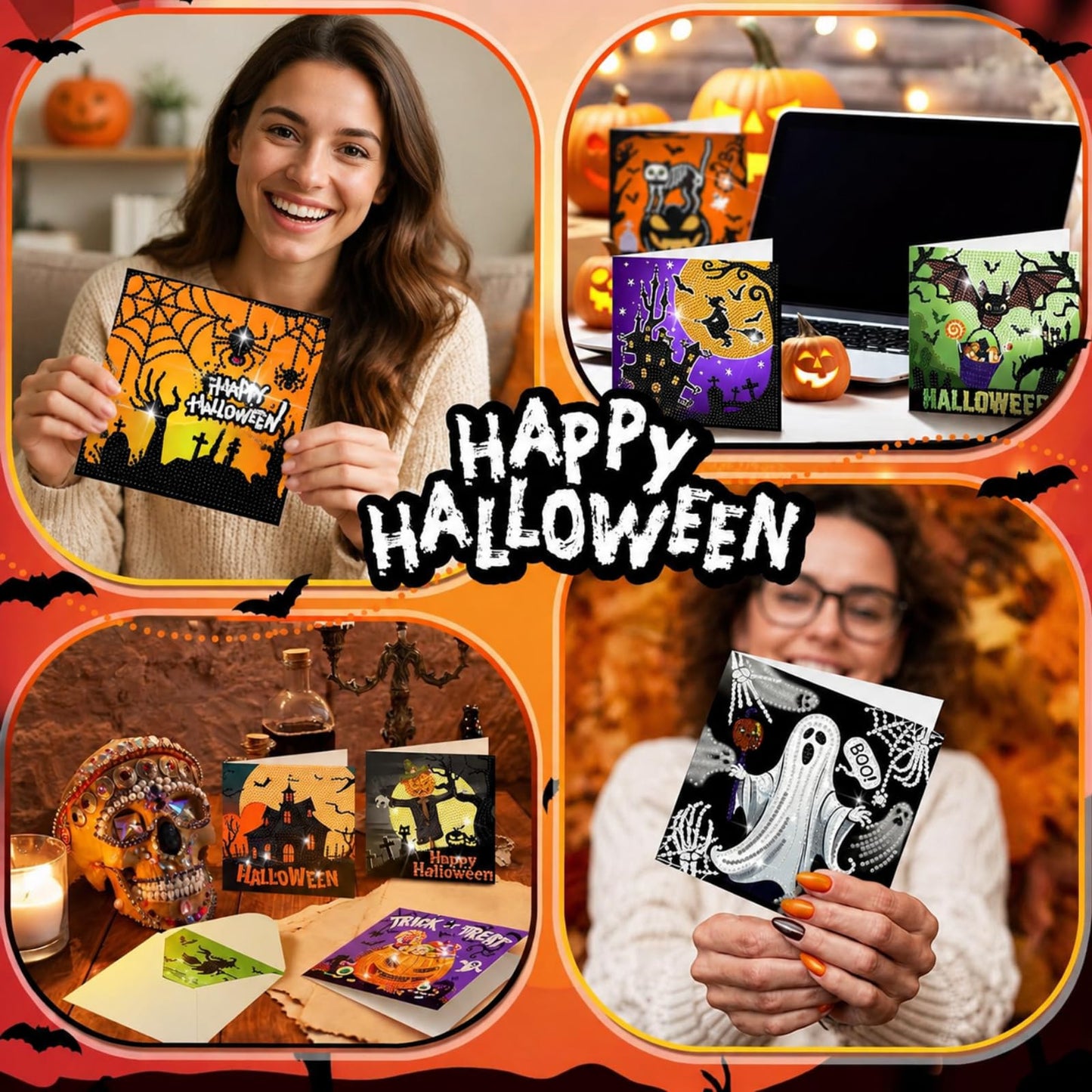 Saillong 12 Pack Halloween Diamond Painting Greeting Card Kits DIY Diamond Art Cards with Envelopes Bat Black Cat Pumpkin 5D Rhinestones Painting for Adults DIY Craft Family Friend Halloween Gifts