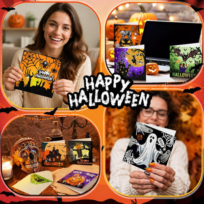 Saillong 12 Pack Halloween Diamond Painting Greeting Card Kits DIY Diamond Art Cards with Envelopes Bat Black Cat Pumpkin 5D Rhinestones Painting for Adults DIY Craft Family Friend Halloween Gifts