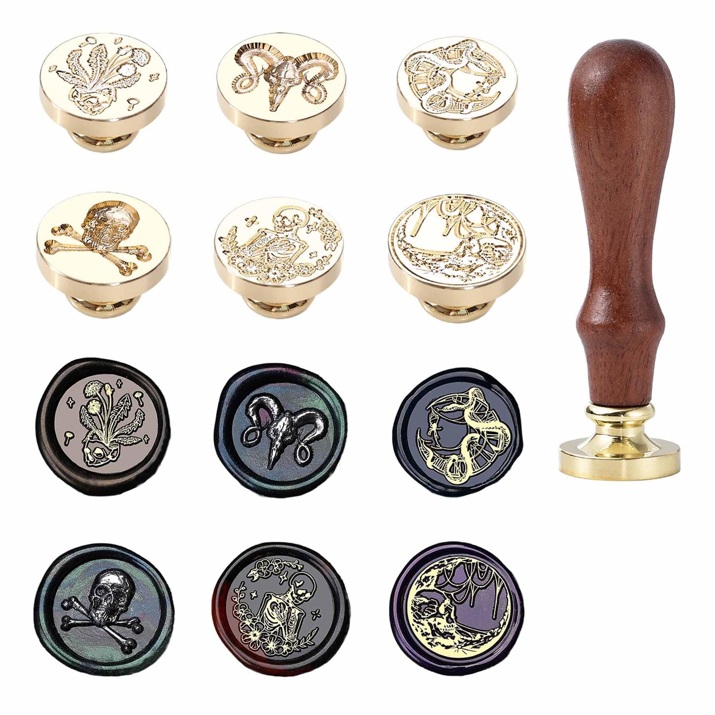 Ychostamp Halloween Wax Seal Stamp Kit - 6PCS Darkness Sealing Wax Stamp, Skull, Skeleton, Flower, Cow Head, Dandelion Seal for Halloween Wedding Invitation Card