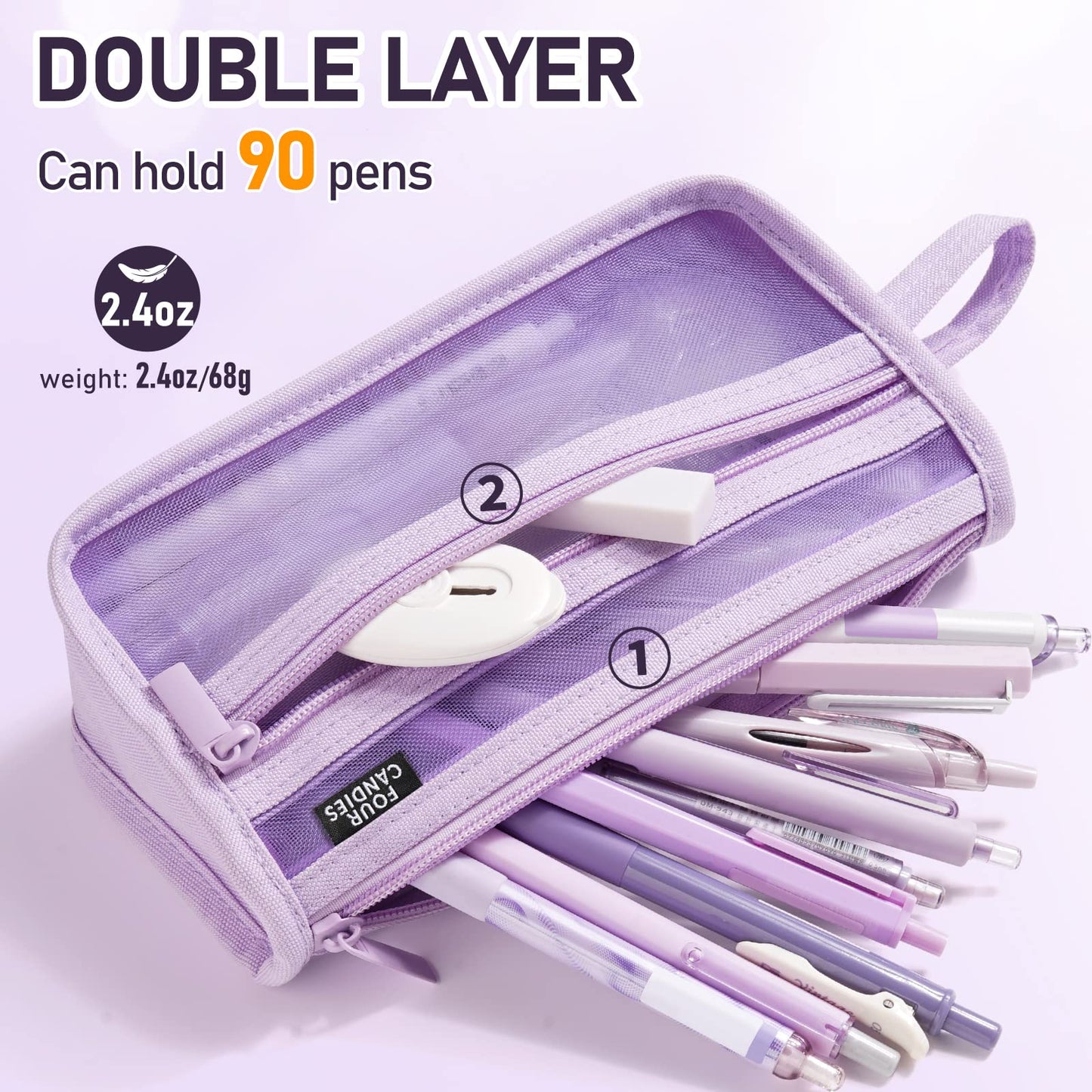 Four Candies Grid Mesh Pencil Case with Handle and Zipper, Clear Double-layer Pencil Pouch Marker Pouch, Travel Makeup Bag, Cute Transparent Stationary Organizer Pen Bag for Adult Office College