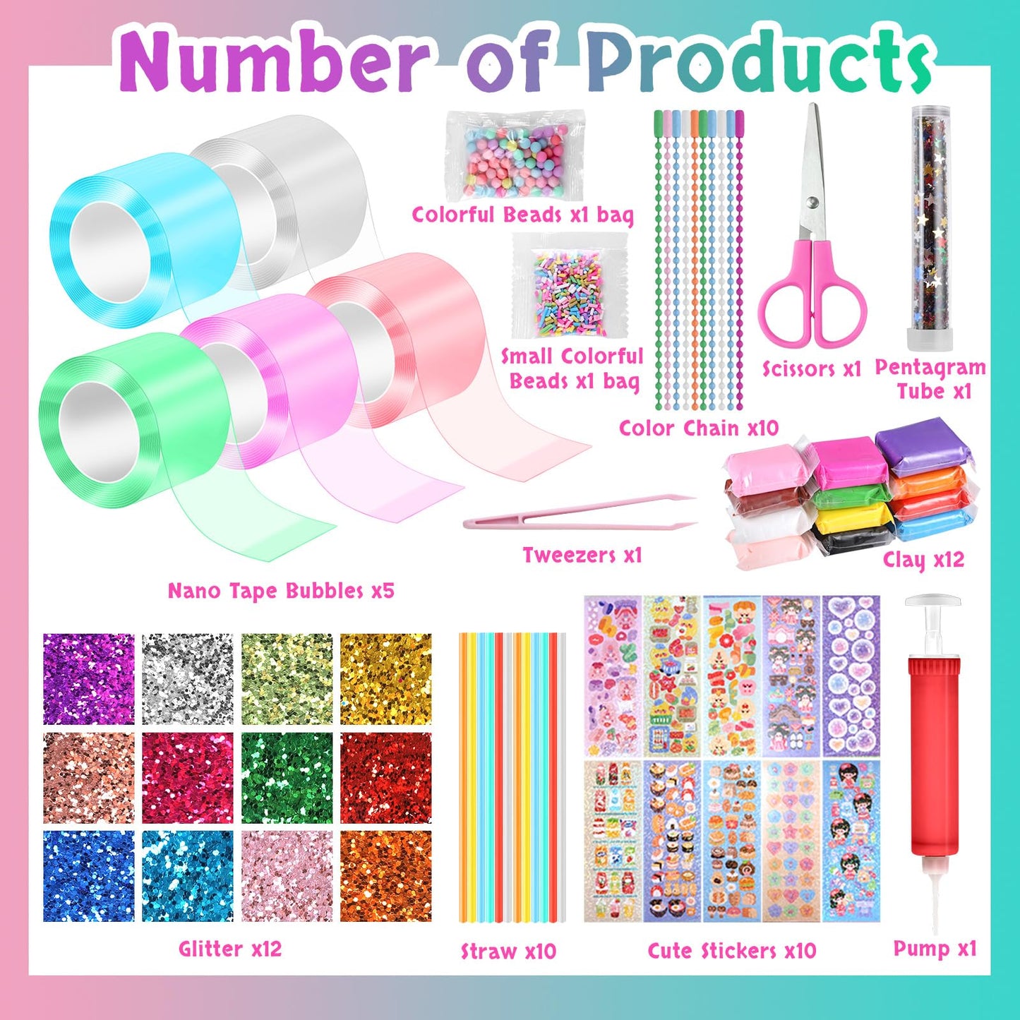 Needbrock 5 Pcs Nano Tape Bubble Kit,1m/3.28 ft Each Roll Nano Tape Bubbles Double Sided Tapes with Luxe Glitter, Clay, Beads, Cute Stickes Suitable for Over 3 Years Old