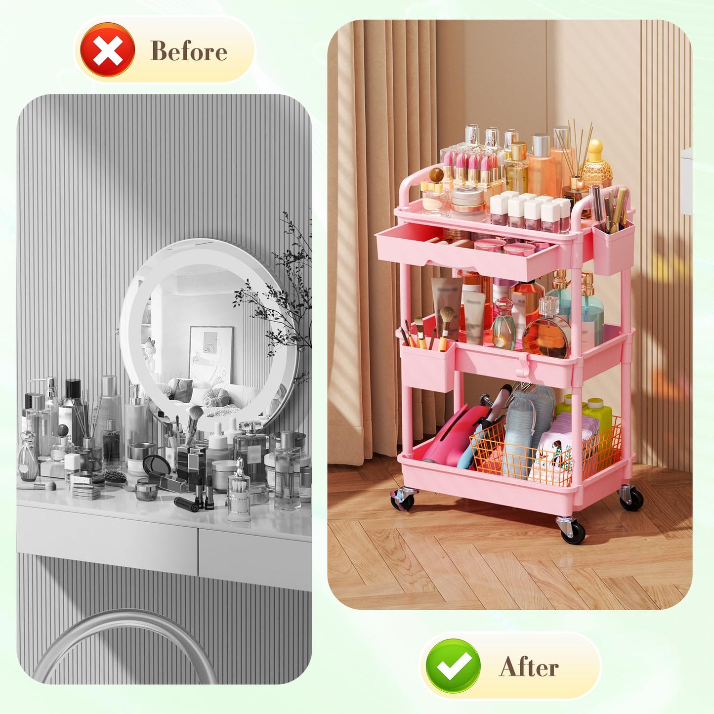 SUNALLY Makeup Cart Organizer with Drawers, Floor Skincare Organizers Vanity Storage Organizer, Rolling Makeup Bathroom Storage Cart Cosmetics Display Cases for Skin Care Perfume Nail Polish, Pink