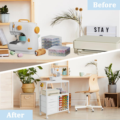 Sewing Table with 60 Spools Thread Holder and 3 Fabric Drawers, Rolling Sewing Machine Table for Storage Embroidery Machine, Rolling Craft Table Cart for Sewing Organizer, White, Patent Pending