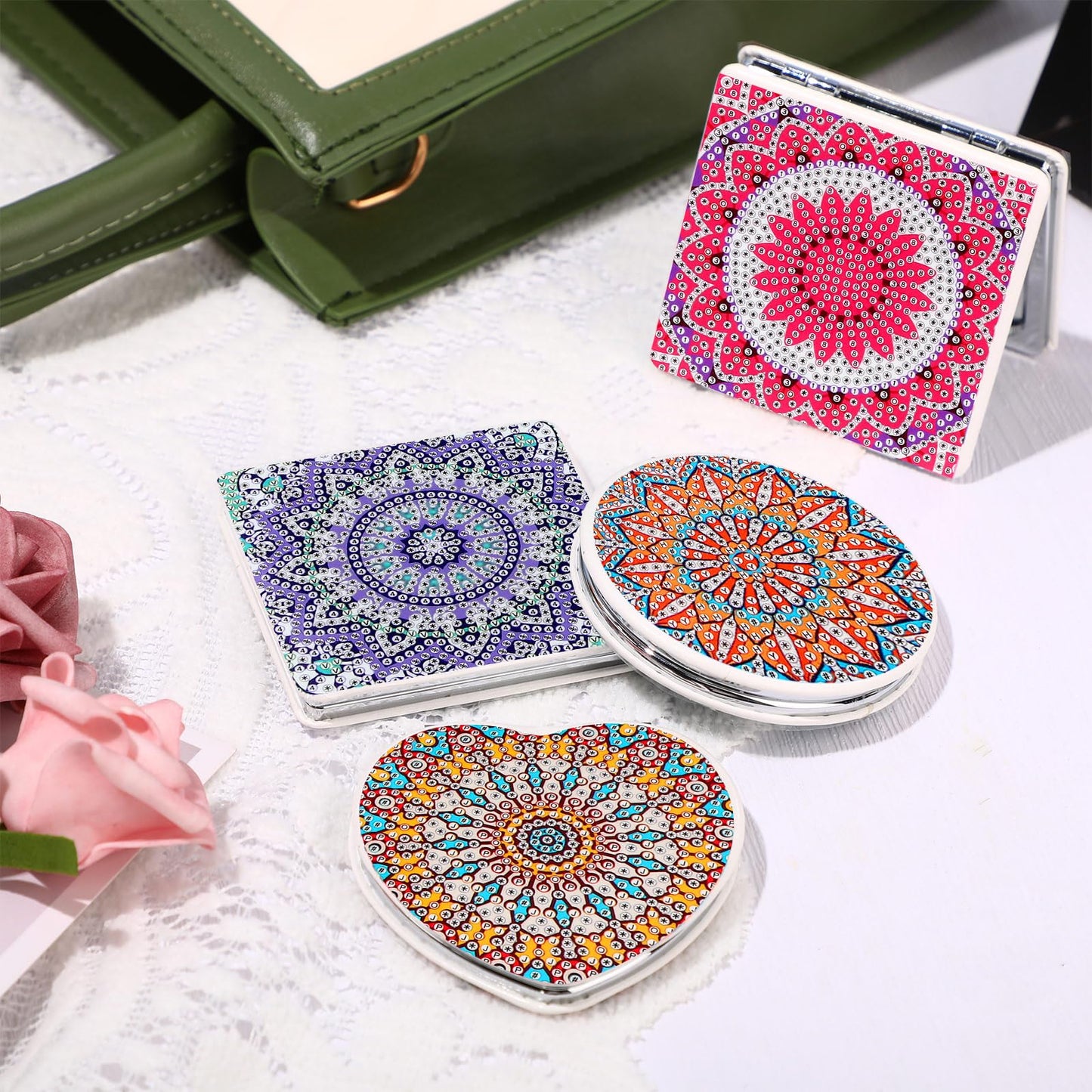 Geetery 12 Pcs Painting Compact Mini Mirror DIY Painting Portable Folding Handheld Makeup Purse Mirror Diamond Art Gift Set for Women