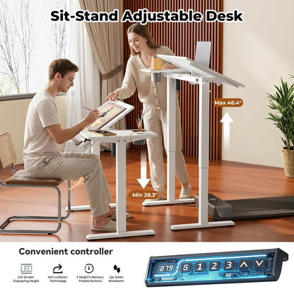 JOY worker Electric Drafting Table, 40×20" Height Adjustable Standing Art Desk, Drawing Workstation with 0‑90° Tiltable Surface, Cup Holder & Cable Management for Artist Craft Home Studio, White