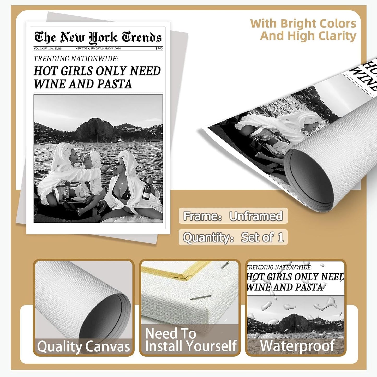 FBKDVC 24x36in Vintage Trendy Black And White Newspaper Print Poster Retro Times Canvas Wall Art Funky Hot Girls Eating