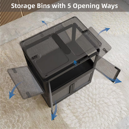 506QT 4-Pack Transparent Stackable Storage Bins with 5 Doors to Open with Wheels, Folding Plastic Craft Containers Large Closet Organizers Box for Bedrooms Living Rooms Study, Black