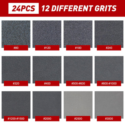 24 Pcs Sanding Sponge 80-3000 Grit Sandpaper Assortment, Washable & Reusable Sanding Blocks for Wood, Metal, Drywall, Glazing, Wet Dry Sandpaper for Smooth Finishing