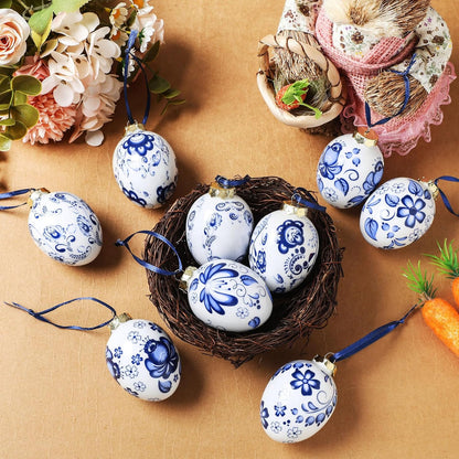 9 (9 Funtery Pcs Chinoiserie Porcelain Blue and White Easter Egg Hanging Pendants - Decorative Hanging Ornaments