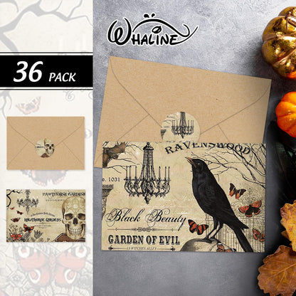 Whaline 36 Pack Halloween Greeting Cards Vintage Owl Crow Skull Blank Note Cards with Envelopes Stickers for Party Invitation Supplies, 4 x 6 Inch