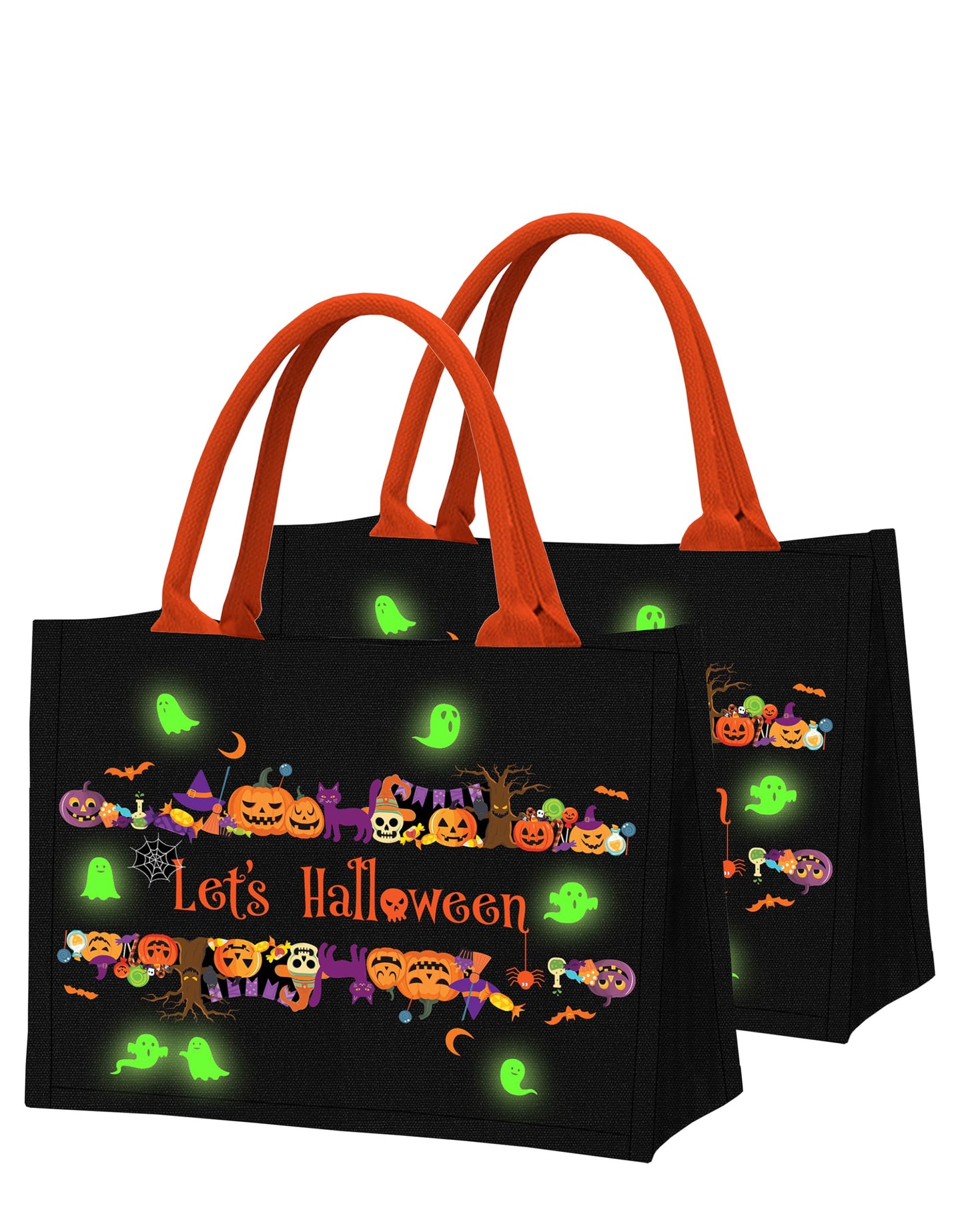 Let's Tote Halloween Canvas Candy Tote Bag With Handle, Ghosts Glow In The Dark, Great Pumpkin Halloween Party Gift. Reusable Bag for Trick or Treat, Candy Bucket. (Large 1-Pack)