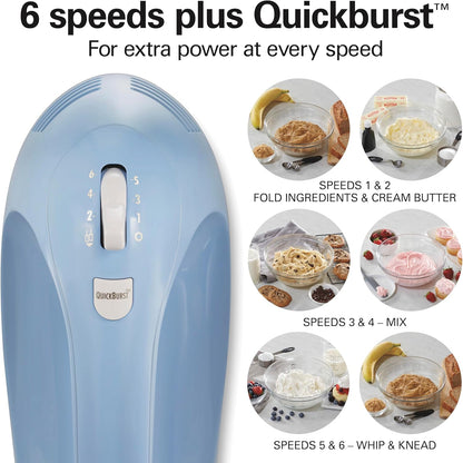 Hamilton Beach 6-Speed Electric Hand Mixer with Whisk, Dough Hooks, Easy Clean Beaters, 275 Watts, Blue
