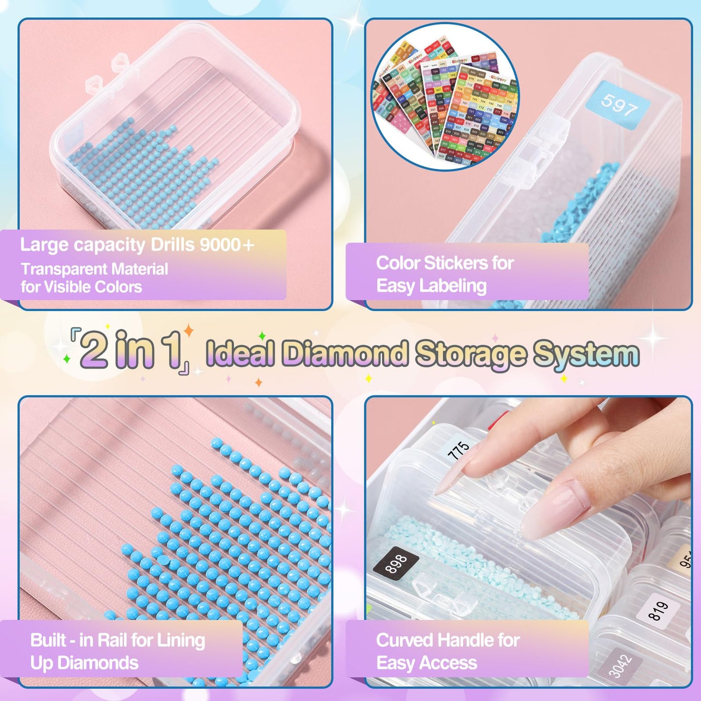 Glotrove Diamond Art Storage Containers Trays, 60pcs Diamond Painting Trays with Lids, 2-in-1 Beads, Gems & Drills Storage and Line-Up Accessories for Diamond Painting