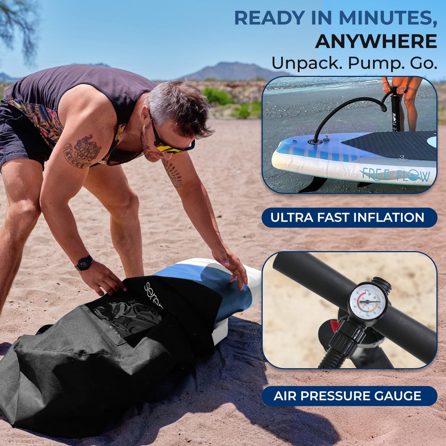 SereneLife Inflatable Stand Up Paddle Board - Wide Stable Design, Non-Slip Deck for Adults & Youth with Premium Paddle Board Accessories: Carry Bag, Dual Action Pump, Paddle, Ankle Leash - 10'6"