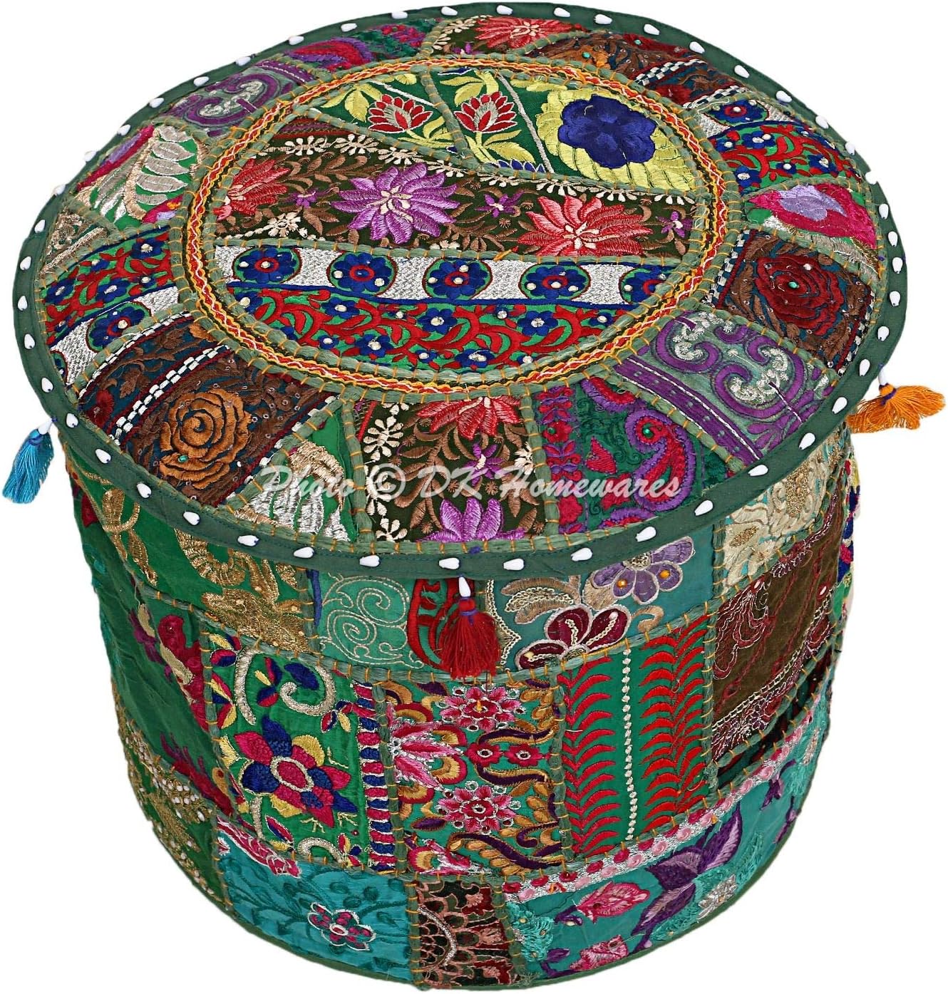 DK Homewares 22x22x14 Indian Vintage Patchwork Pouffe Floor Cushion Dark Green Round Foot Rest Living Room Cotton