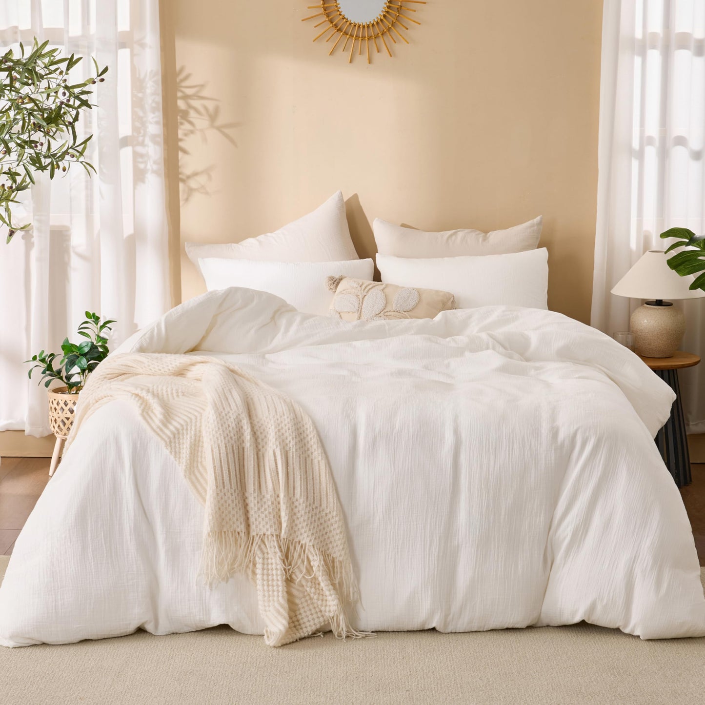 RENEWROOTS Off White Duvet Cover Queen Size, 100% Sandwashed Cotton Soft Queen Duvet Cover Set 3 Pieces with Zipper Clousre & Corner Buttons (Off White, Queen 90 x 90)