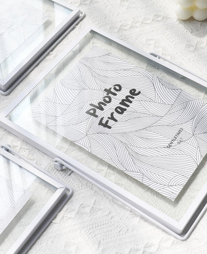 AceList Metal Picture Frames, Set of 3 Ornate Minimal Floating Edge Clear Glass Table Top Easel Stand Photo Frames in White, 8 x 10, Assortment Variety