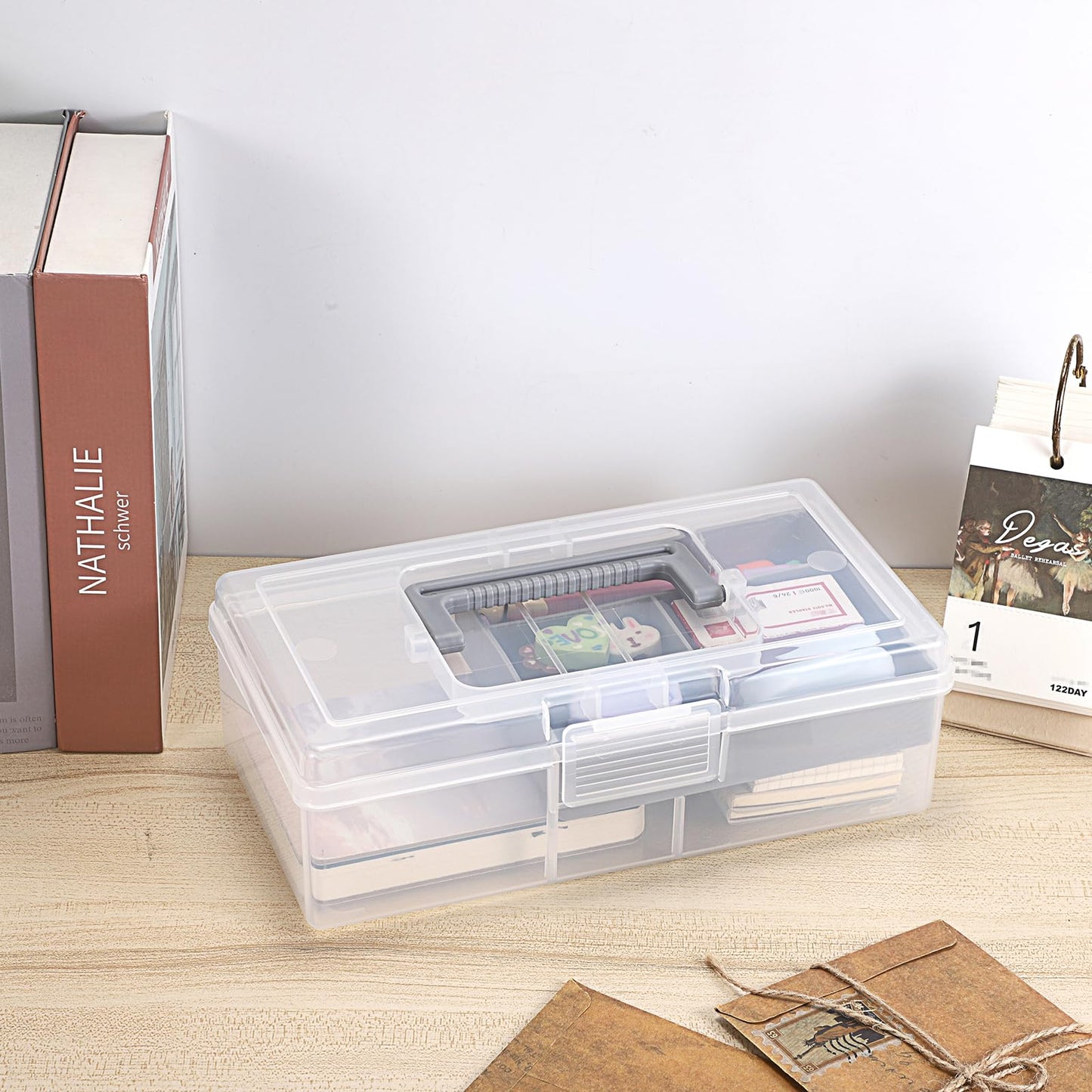 JUXYES Plastic Carry Storage Box with Removable Dividers, Clear Art Craft Supply Storage Bin Sewing Box With Handle Lid, 2 Layers Stationery Storage Case for School/Office Supplies