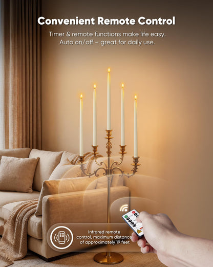 Homemory 15 inches Real Wax Flameless Taper Candles with Remote Timer, 3 Pcs White LED Taper Candles Battery Operated with 3D Flickering Flame, Window Candle Led Candlesticks for Dinners Home Decor