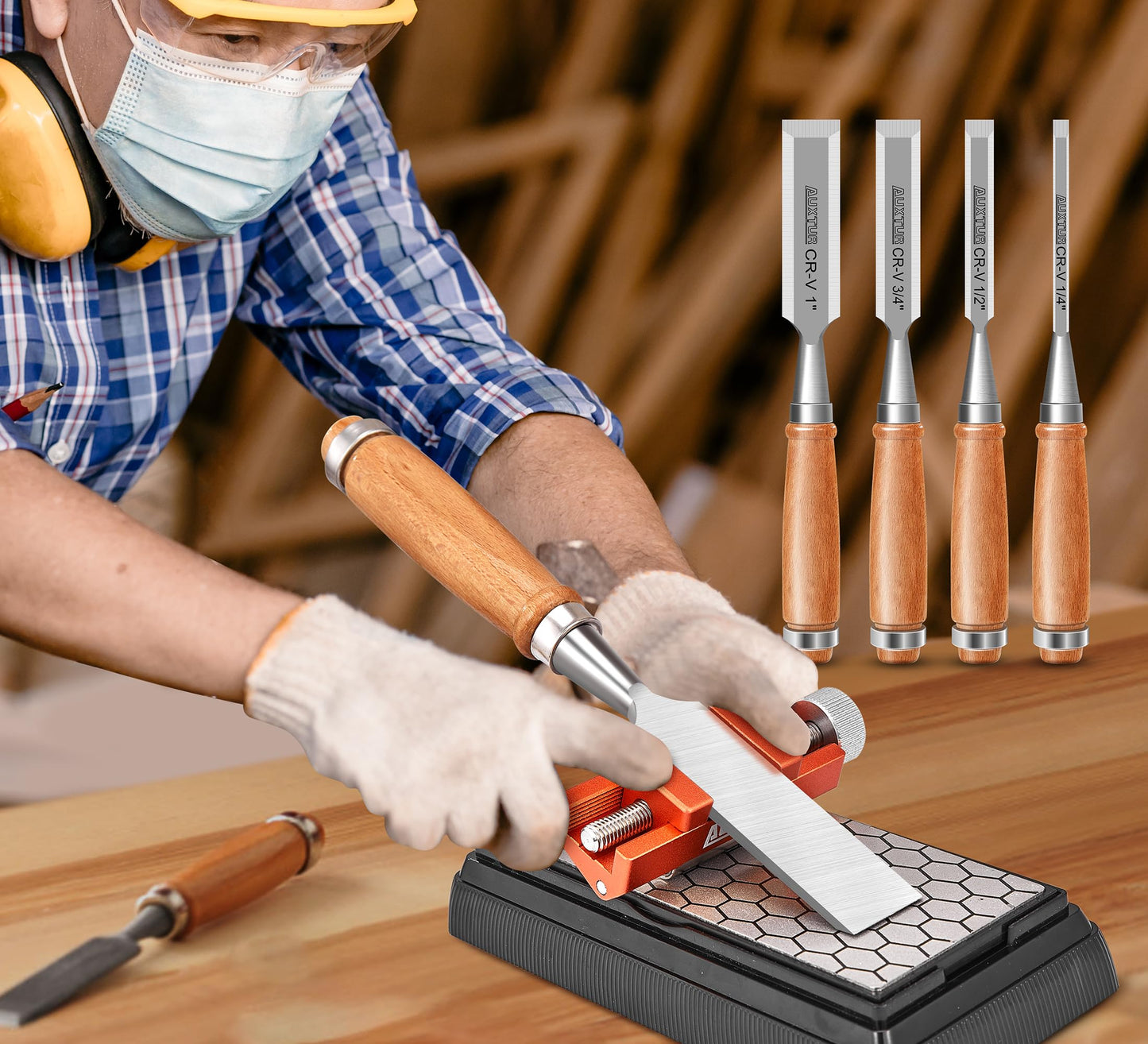 AUXTUR Sharpening Stone with Honing Guide Tool,chisel set for Woodworking,Flattening Stone,Complete Sharpening System Tools for Chisel Sharpening and Plane Restoration (guide+stone+chisel)