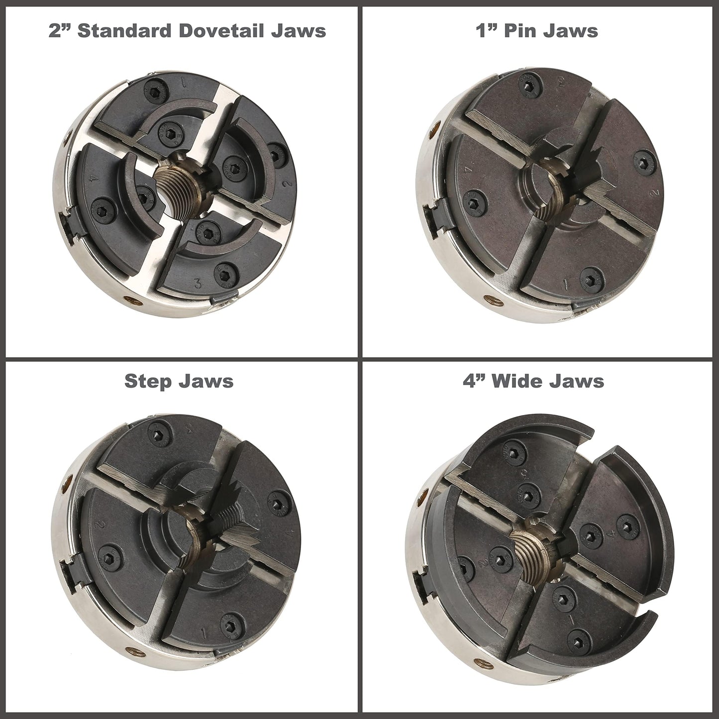 VINWOX SCR4-4NV-SET 4" Wood Lathe Scroll Chuck Set, 4-Jaw Self-Centering Chuck-Set, with Nickle electric Coating Body & 1"x8TPI thread & 3/4"x16TPI Adapter