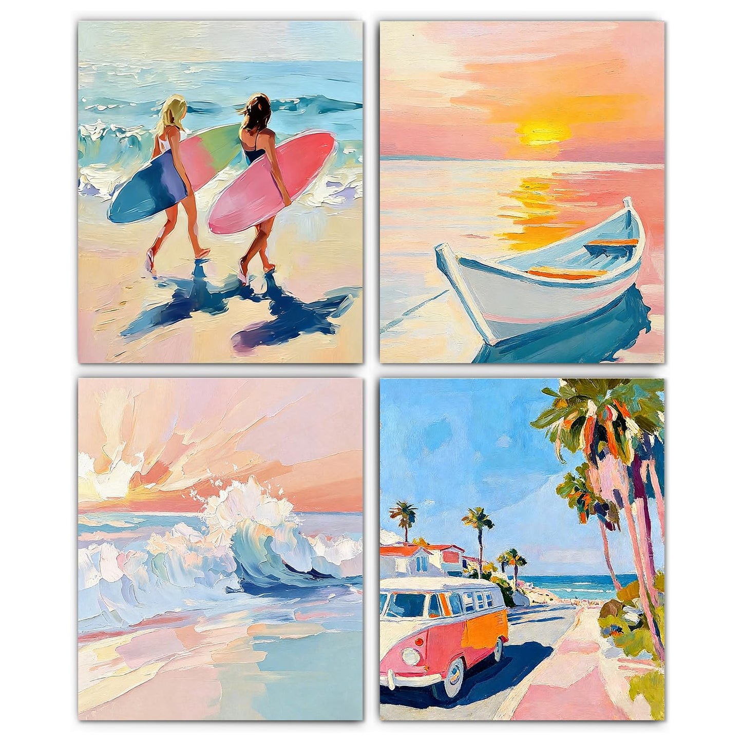 XUNLURY Pastel Ocean Beach Diamond Art Kits 4 Pcs, Summer Beach Surfer Girls Sunset Diamond Painting Kits for Adults Beginners, Full Drill Diamonds Dots for Home Decor, 9.8x11.8 Inch