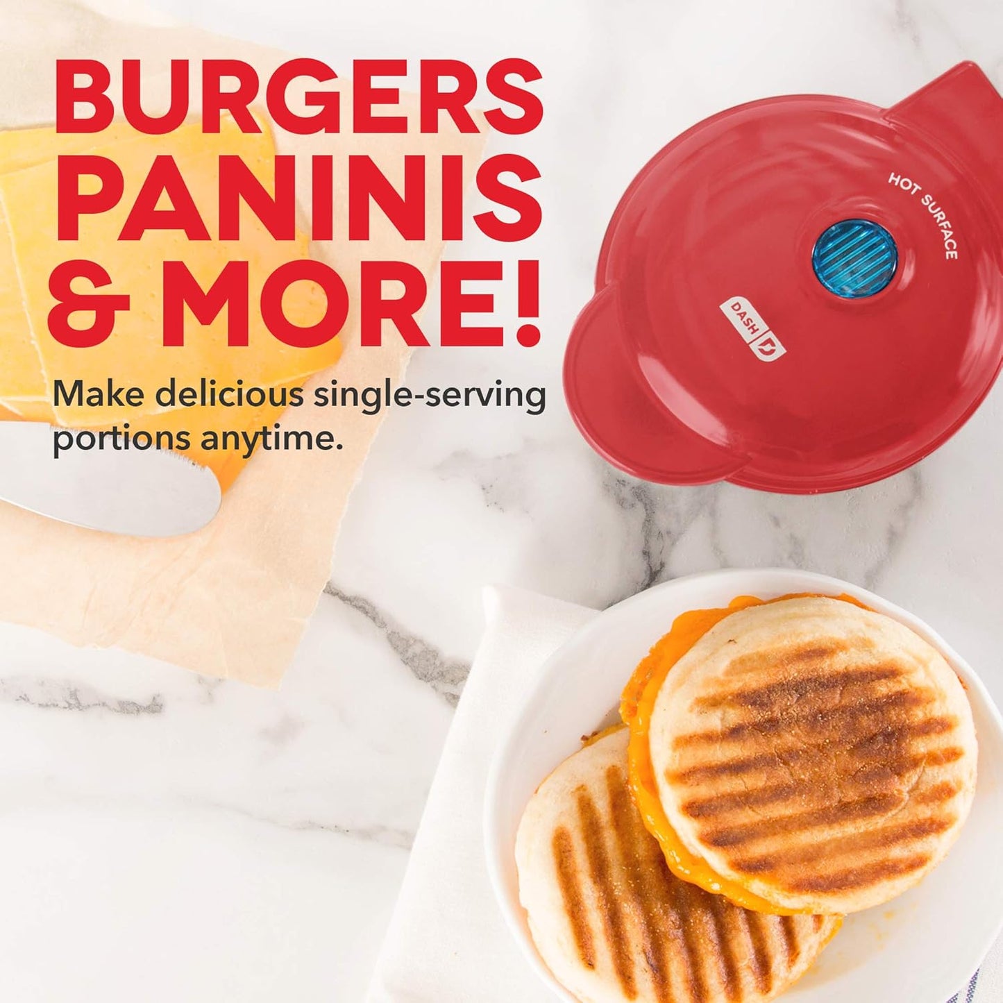 DASH Mini Maker Portable Grill Machine + Panini Press for Gourmet Burgers, Sandwiches, and Snacks - Red