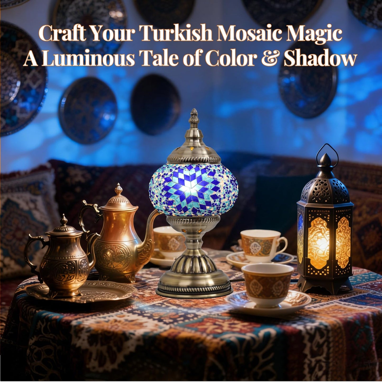 BOHMR DIY Turkish Mosaic Lamp Kit, Stained Glass Table Lamp Making Kit- Easy and Fun, No Experience Needed, Mosaic Art & Craft Project Kits for Adults & Teens, Make Your Own Table Lamp,Blue