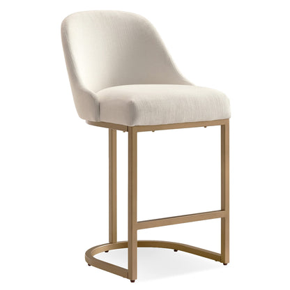Leick Home 214957 Barrelback Counter Stool with Metal Base, Set of 4, for Elevated Kitchen Counters, High Top Tables, and Bars, Modern White Linen Seat and Gold Metal Base