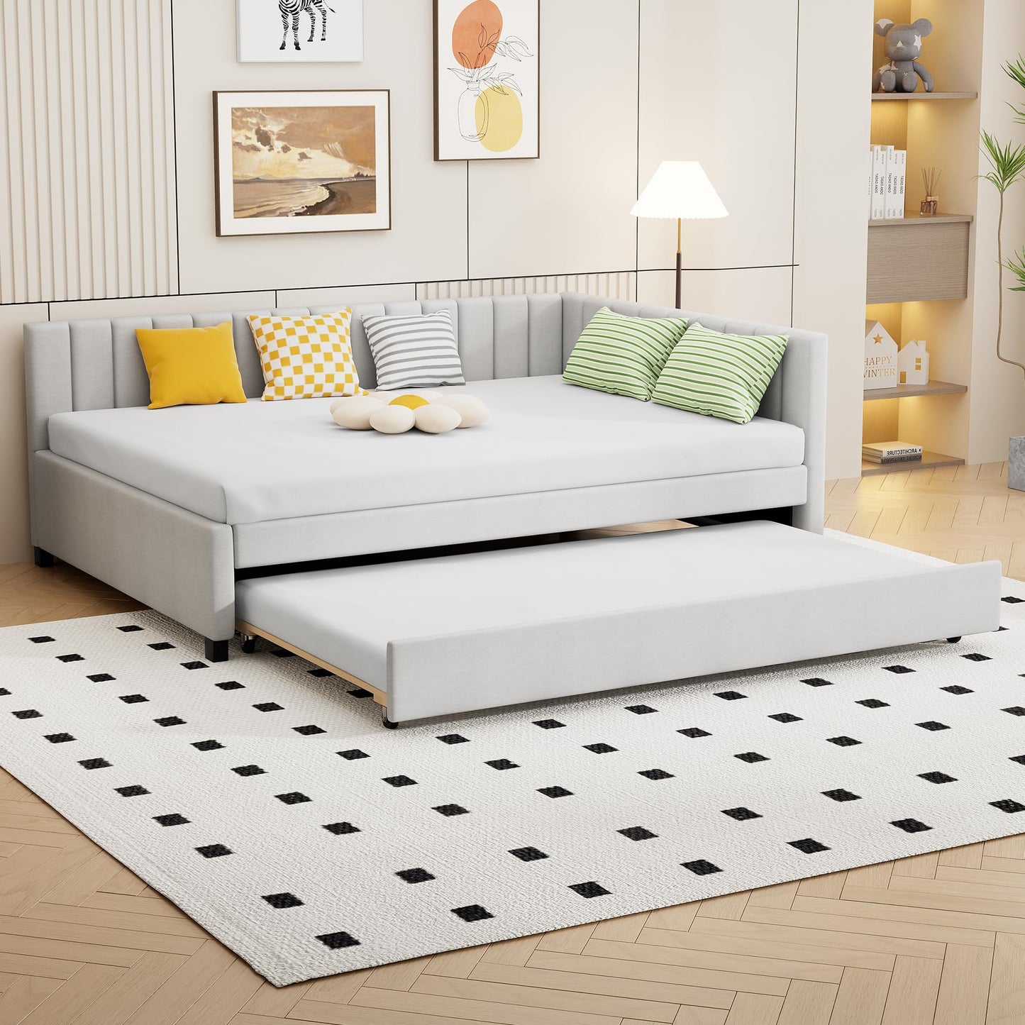 PVWIIK Full Size Upholstered DayBed with Trundle & Modern Style for Adult,Kids,Bedroom,L-Shaped Bedframe,Beige