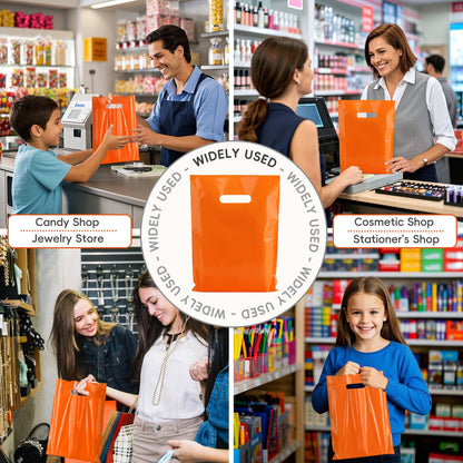 POPGIFTU Orange Plastic Bags with Handles 100 Pack, 9x12 Party Bags Bulk for Events, Halloween Treat Bags, Retail Shopping Bags, Small Business Supplies