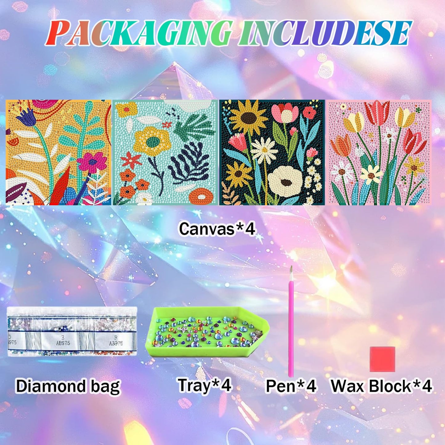 WEMEON 4 Pack Diamond Art Kits for Kids, Flower Diamond Art Painting for Kids Ages 4-8-12, Package and Home Wall Decor(6x6inch)