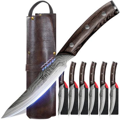 SYOKAMI Steak Knives Set of 6 with Portable Leather Roll & Individual Sheaths, 4.8 Inch Non Serrated Dinner Knives, High Carbon Stainless Steel, Full Tang Wood Handle, Gift Box for BBQ Outdoor Dining
