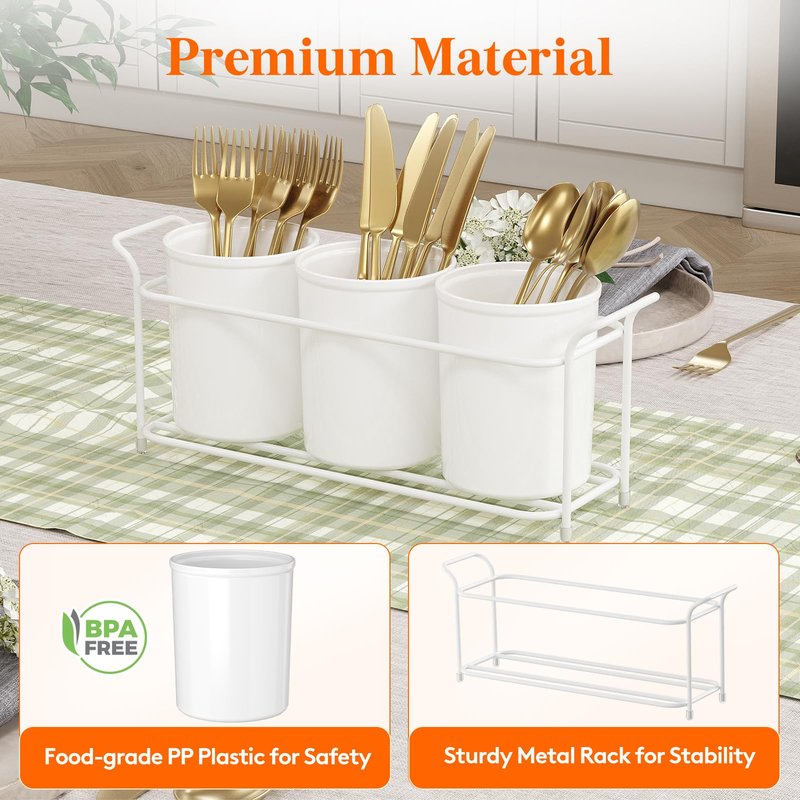 Lifewit Plastic Silverware Caddy with Metal Rack, Utensil Holder for Party, Cutlery Flatware Organizer for Kitchen Countertop, Forks Spoons Knives Storage for Picnic Camping Outdoor Buffet, White