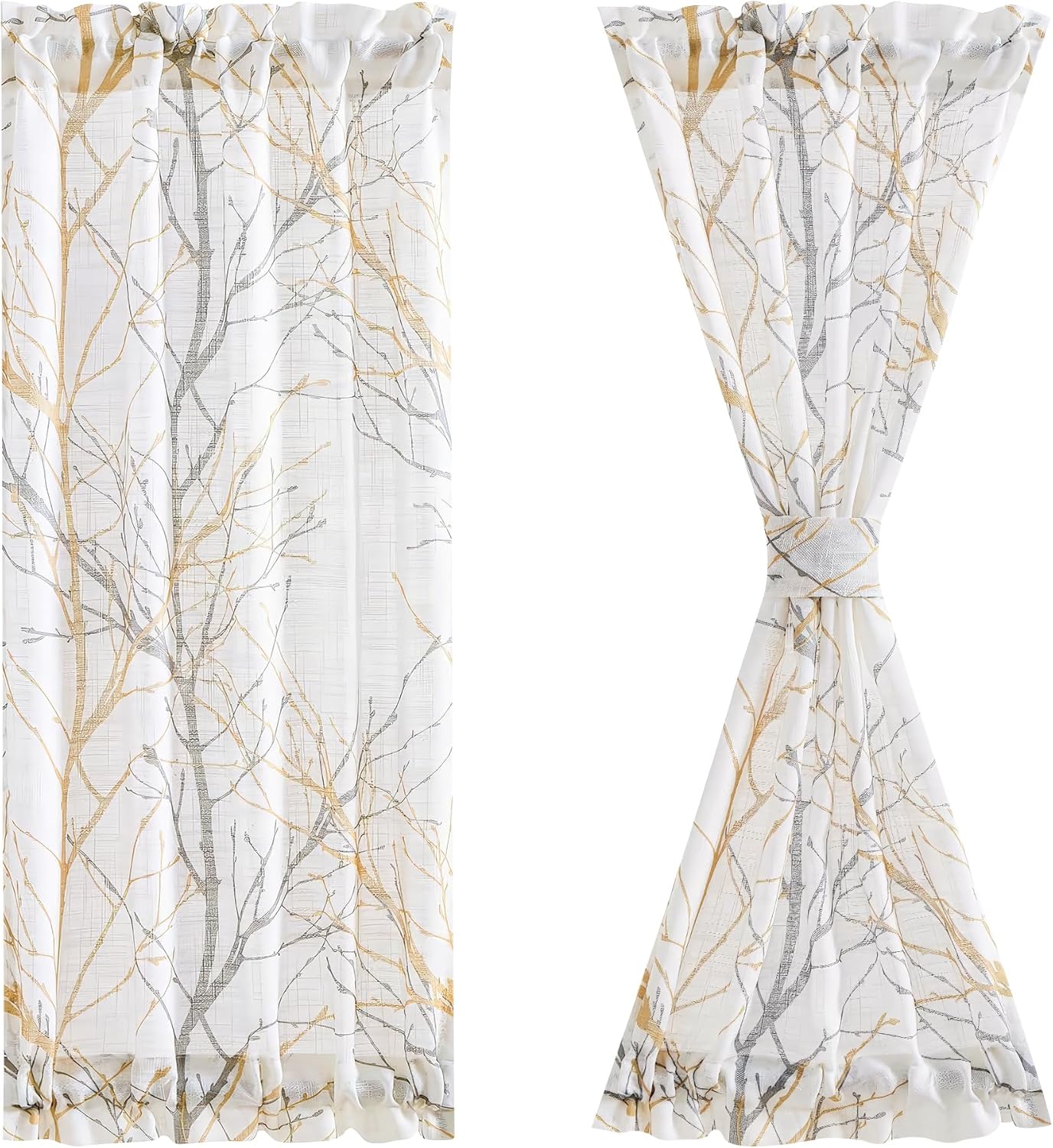 FMFUNCTEX White Sheer Front Door Curtains, 40 Inches Long Yellow Grey Print Branch Tree Half French Panel, 50 Inches