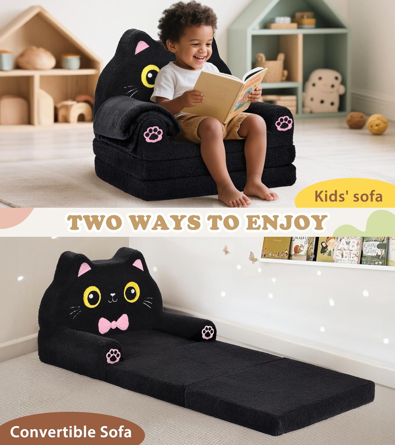 Foryoomi 2-in-1 Kids Couch, Soft Toddler Couch Fold Out with Blanket, Chair Comfy, Foldable Convertible Plush Sofa