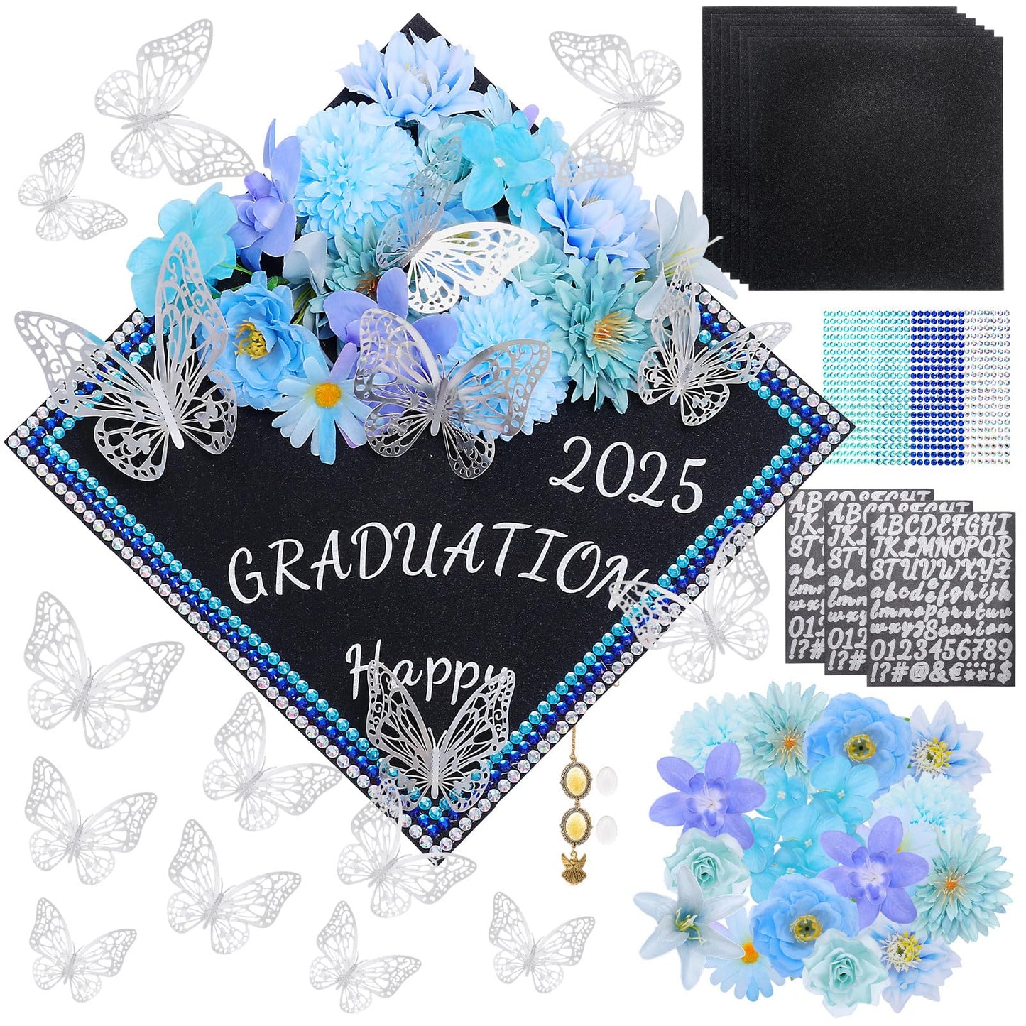 Kicpot Blue Graduation Cap Decorations Kit DIY Grad Cap Topper with Artificial Flower 3D Butterfly Rhinestones Alphabet Letter Number Stickers for 2025 Graduation Party Decorations Supplies (Blue)