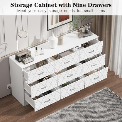 GAOMON 63'' Large Dresser for Bedroom with Power Outlet, 9 Drawers Dresser for Bedroom, Modern Chest of Drawers for Closet, Storage Organizer for Living Room, Hallway, b, Om,