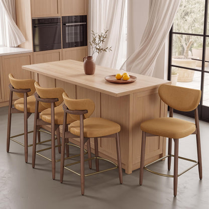 VASAGLE Wooden Bar Stools Set of 4, Upholstered Counter Height Barstools with Solid Wood Legs, Ergonomic Backrest, Mid Century Modern, for Kitchen Island, Synthetic Leather, Caramel Brown