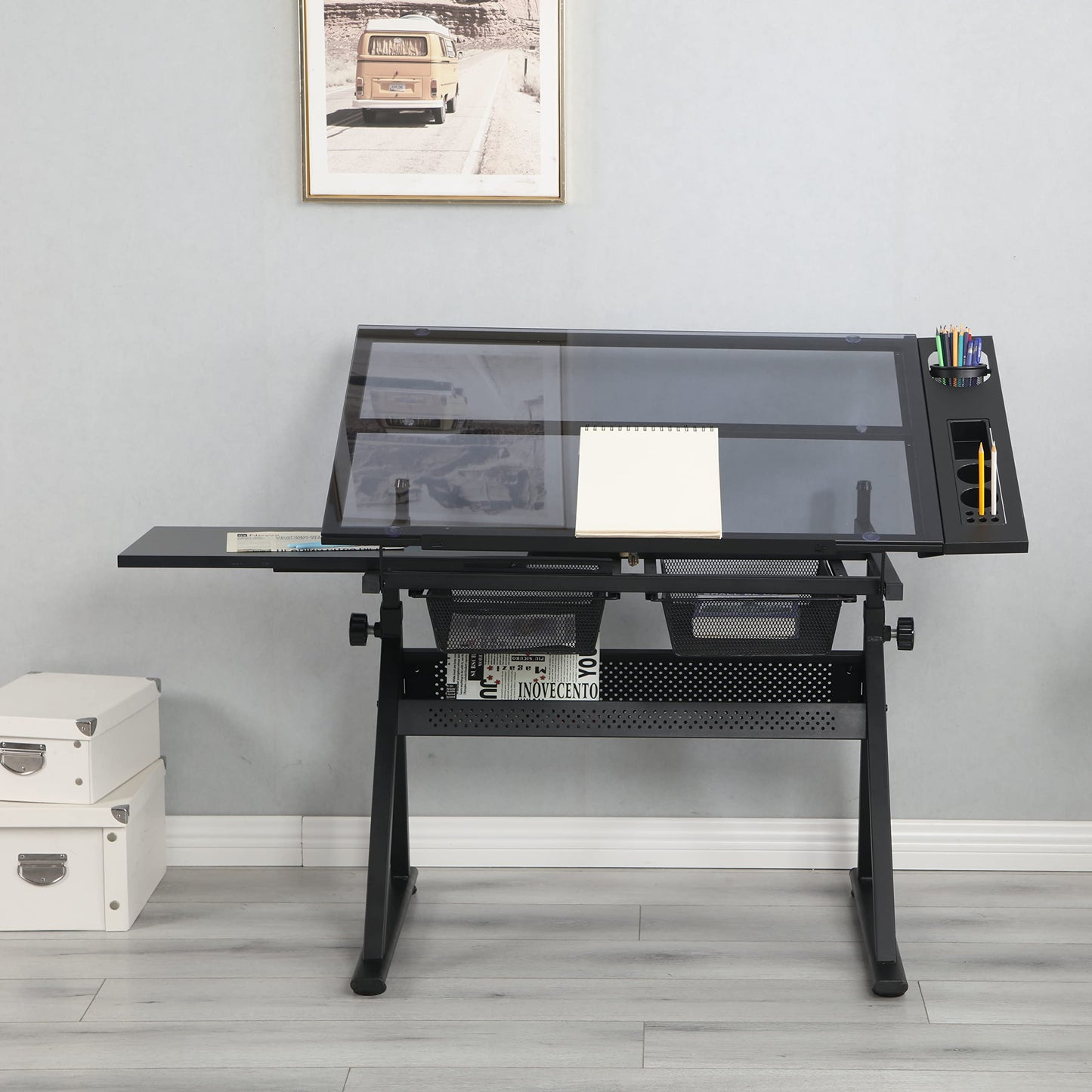 GOWE Black Adjustable Tempered Glass Drafting Printing Table with Chair