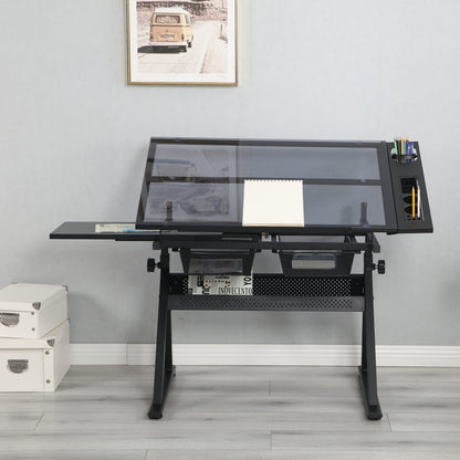 Adjustable Drafting Table with 0-75° Glass Top, Height Adjustable Standing Desk for Artists, Writing Desk for Home Office, Computer Desk with Storage, Black Long Desk for Designers & Art Students,A-1
