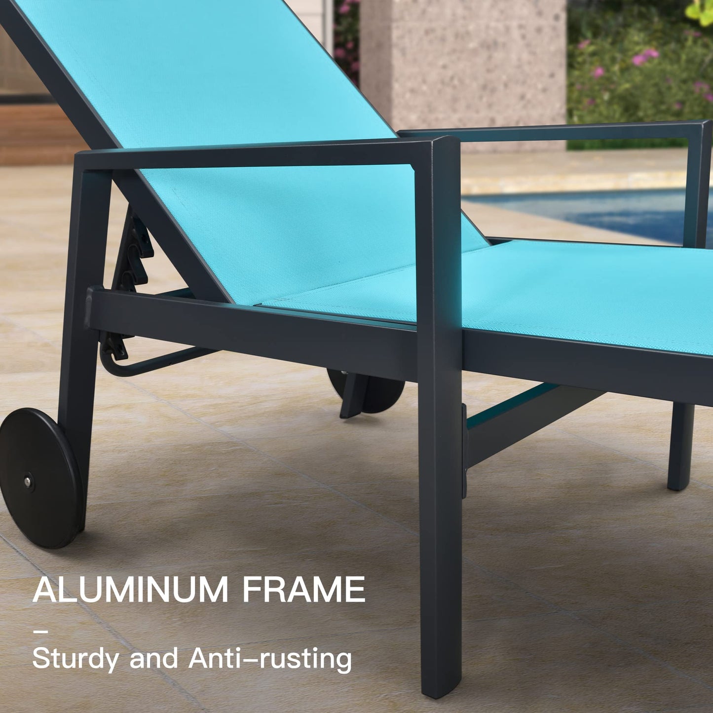 PURPLE LEAF Outdoor Chaise Lounge with Wheels Armrests Aluminum Pool Lounge Chairs Set of 2 Patio Chaise Lounge with 5 Position Recliner Includes Side Table for Deck Yard Poolside Turquoise Blue