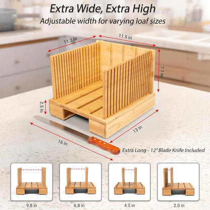 HEDDFAN 12 Bamboo Bread Slicer For Homemade Bread - Built-In Knife Slot, Crumb Catcher & Storage Compartment